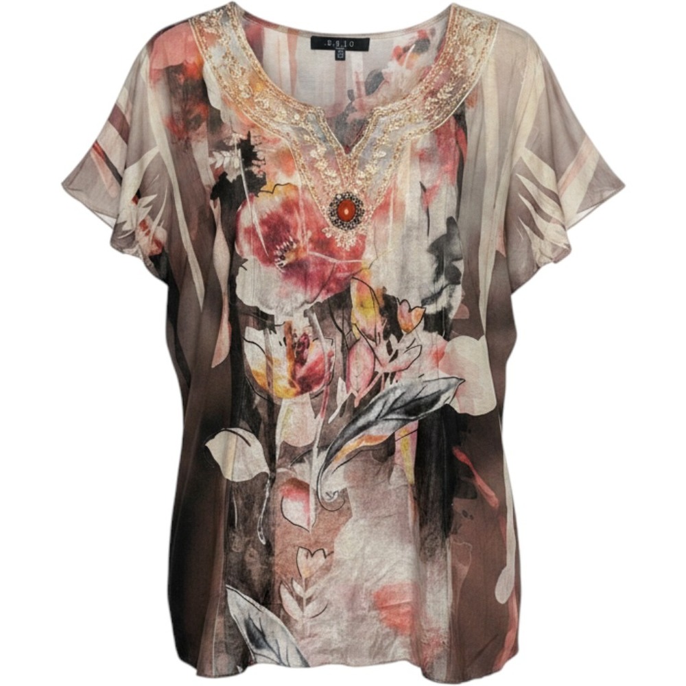 B.L.E.U. Woman Floral V-Neck Blouse Brown Pink Embroidered Gem Size 2X